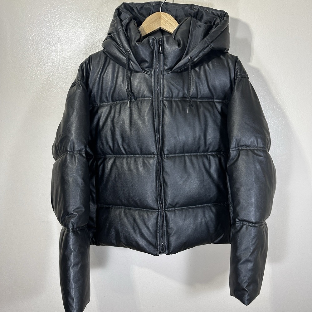 Maralyn & Me Women's XL Puffer Jacket Black Faux Leather Hooded Y2K NEW